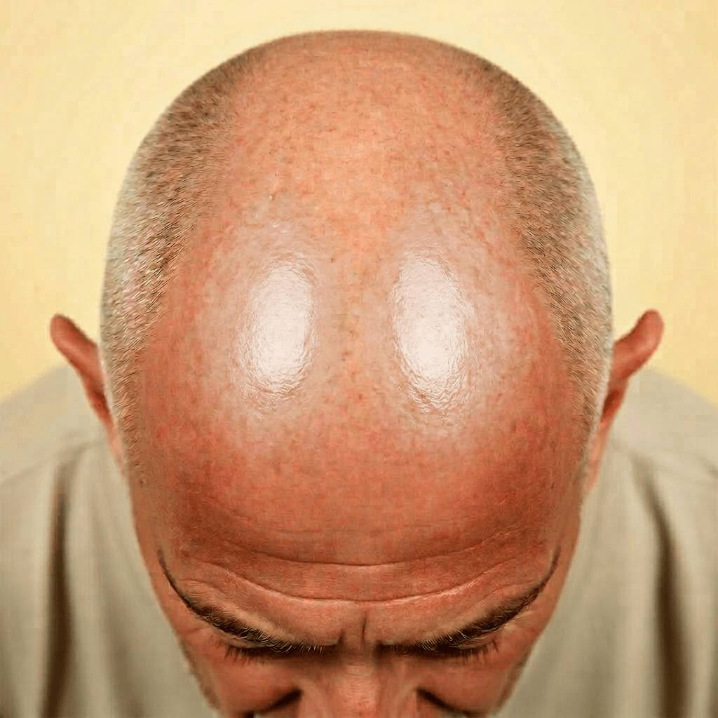 Editorial close-up representing excess shine on a shaved scalp.