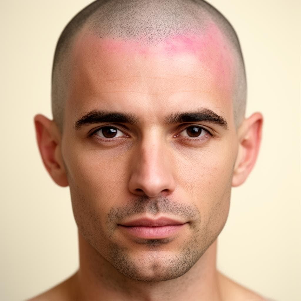 Editorial visual representing an unsettled freshly shaved scalp finish.
